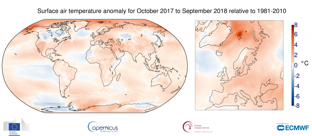 Anomalia temperatury powierzchniowo-powietrznej w 2018 r. w stosunku do średniej 1981–201 [Źródło: dane ECMWF ERAInterim, Copernicus Climate Change Service]